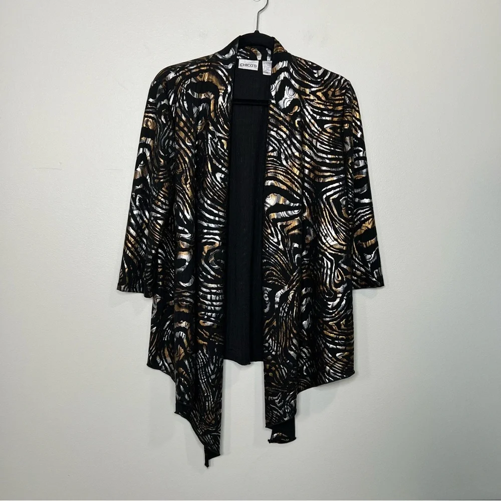 CHICO'S Glam Metallic Gold Silver and Black Open Front Cardigan Layer size 1 - Picture 2 of 10
